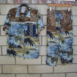 Vintage Women's Surya Hawaiian Print Leopard Pants Large and top Med